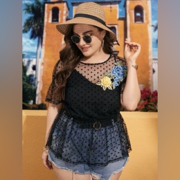 Women Shein Curve Appliqué detail Ruffle Hem Sheer Dobby Mesh Top Size OX - Picture 1 of 5